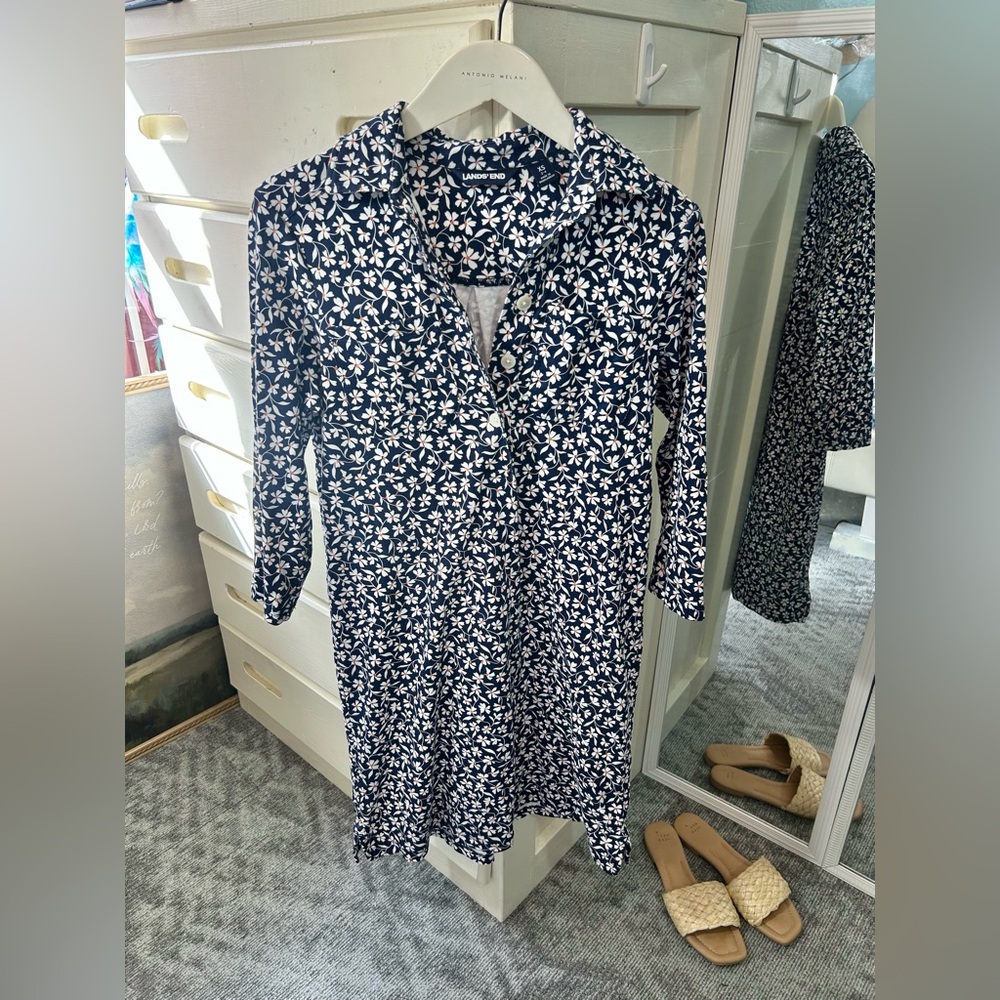 Land’s End Coastal 100% Cotton Collard Floral Daisy Print Long Sleeve Midi Dress